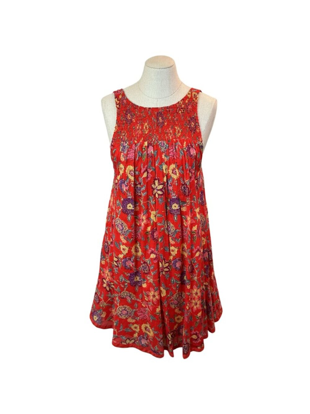 Free People Floral Red Sleeveless Boho Swing Dress XS 100% Cotton Smocked Front - Picture 8 of 11